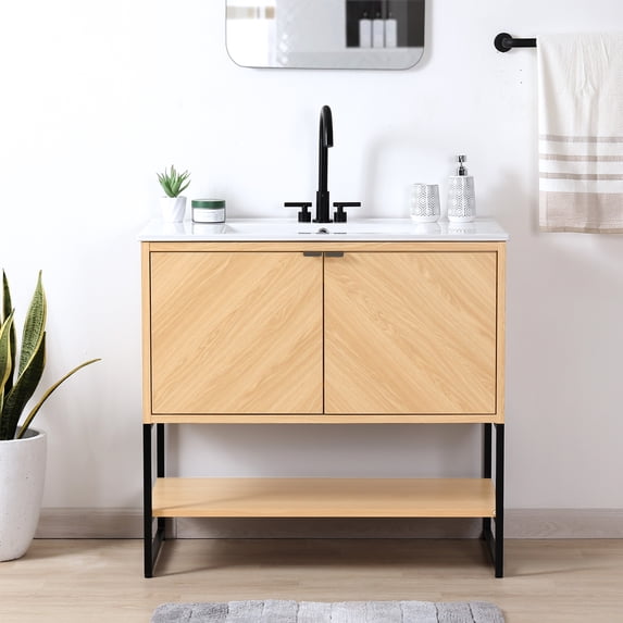 JONATHAN Y Juhl 35 in. W x 18 in. D x 33 in. H, Chevron-Front 2-Shelf, Bath Vanity Cabinet ONLY, Oak, VAN1015A