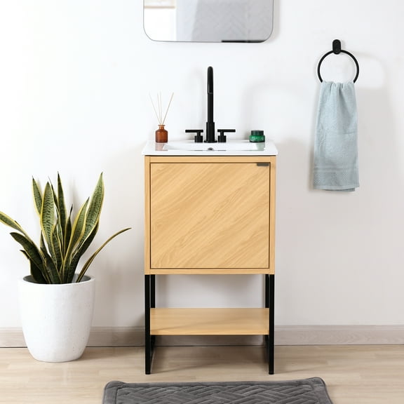 JONATHAN Y Juhl 20 in. W x 18 in. D x 33 in. H, Chevron-Front 2-Shelf, Bath Vanity Cabinet ONLY, Oak, VAN1012A