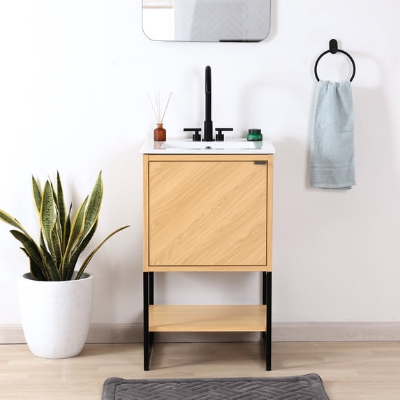 JONATHAN Y Juhl 20 in. W x 18 in. D x 33 in. H, Chevron-Front 2-Shelf, Bath Vanity Cabinet ONLY, Oak, VAN1012A