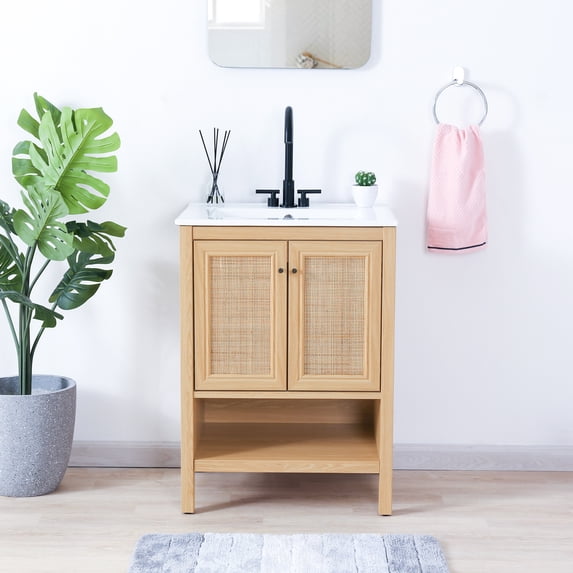 JONATHAN Y Jasper 24 in. W x 18 in. D x 33 in. H, Rattan 2-Shelf, Bath Vanity Cabinet ONLY, Oak, VAN1023A