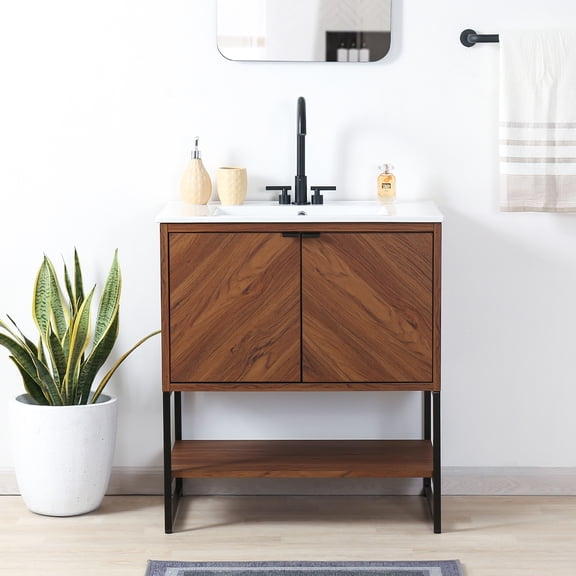 JONATHAN Y Juhl 30 in. W x 18 in. D x 33 in. H, Chevron-Front 2-Shelf, Bath Vanity Cabinet ONLY, Walnut, VAN1014B