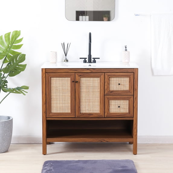 JONATHAN Y Jasper 36 in. W x 18 in. D x 33 in. H, Rattan 2-Shelf, Bath Vanity Cabinet ONLY, Walnut, VAN1025B