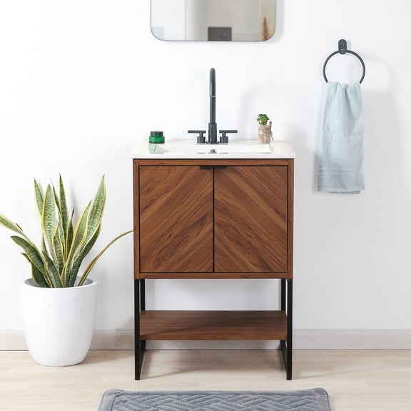 JONATHAN Y Juhl 23.5 in. W x 18 in. D x 33 in. H, Chevron-Front 2-Shelf, Bath Vanity Cabinet ONLY, Walnut, VAN1013B