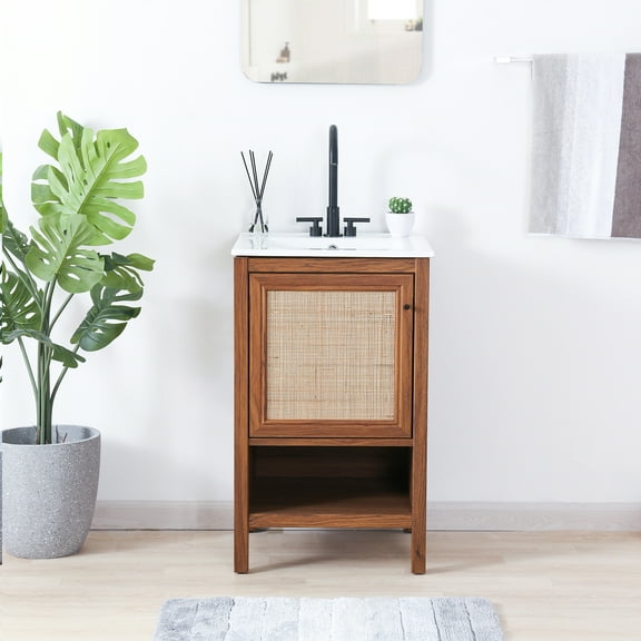 JONATHAN Y Jasper 20 in. W x 18 in. D x 33 in. H, Rattan 2-Shelf, Bath Vanity Cabinet ONLY, Walnut, VAN1022B