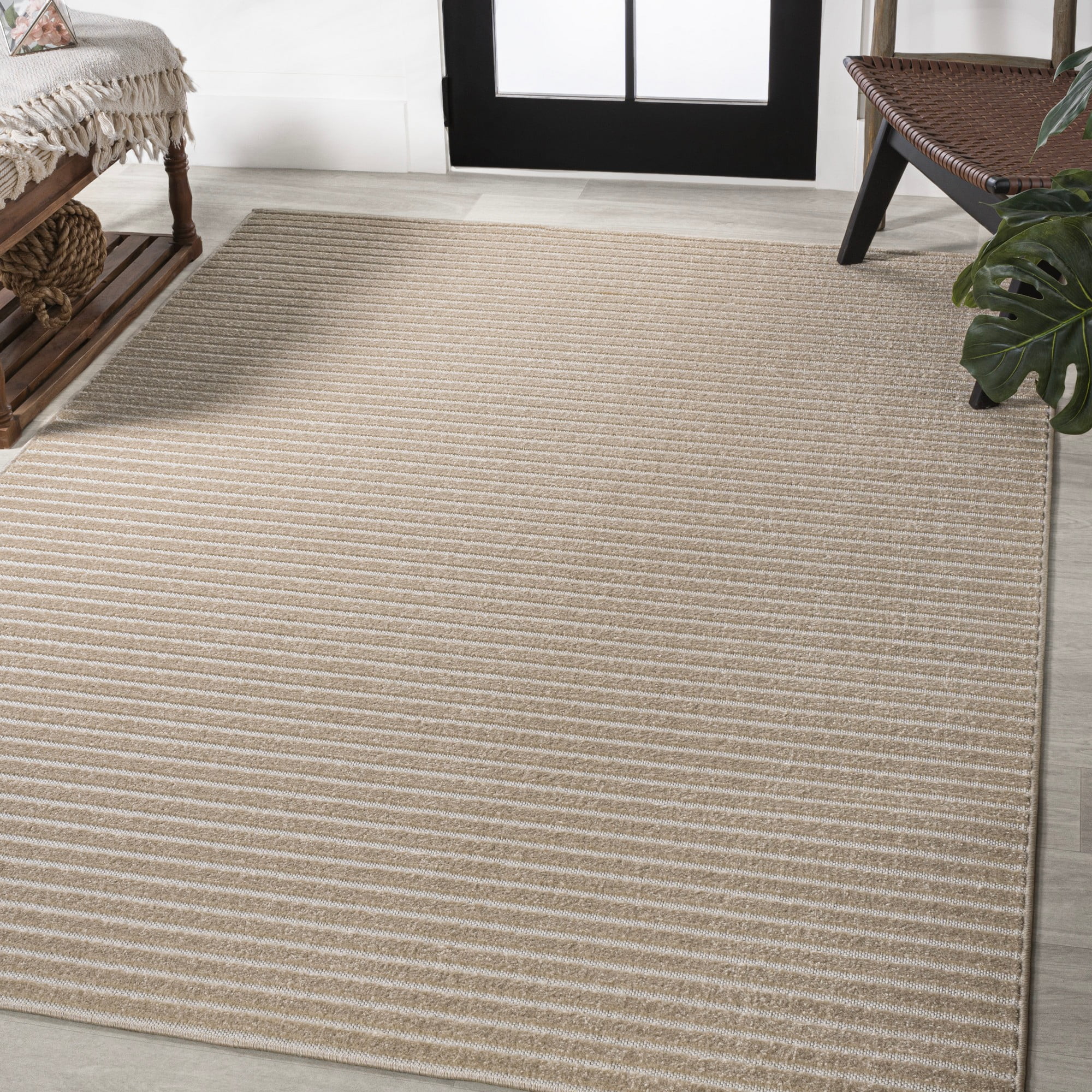 Aarhus Beige and Cream Striped 8' x 10' Synthetic Area Rug