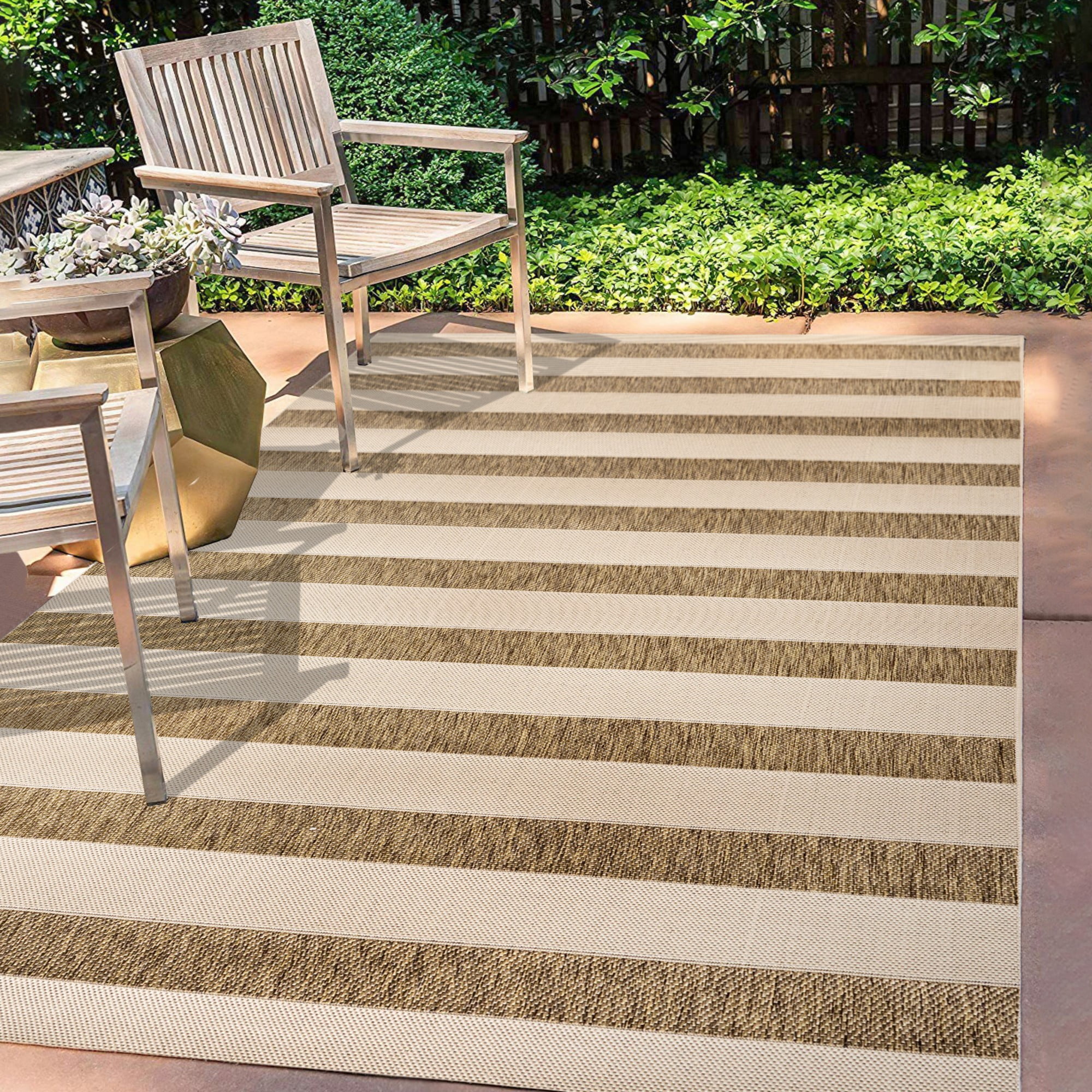 Beige and Brown Stripe Synthetic 8' x 10' Indoor/Outdoor Rug
