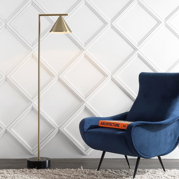 JONATHAN Y Chelsea 60" Metal/Marble Cone Shade LED Floor Lamp, Brass/Black