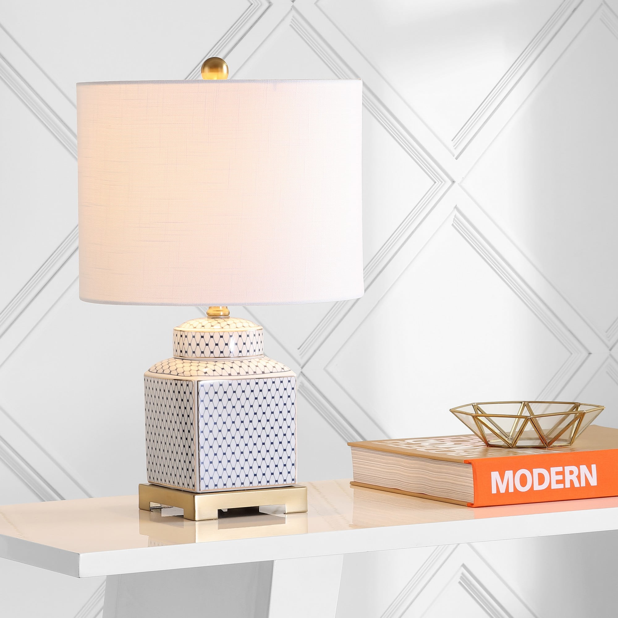 White and Blue Ceramic Ginger Jar Table Lamp with Linen Shade