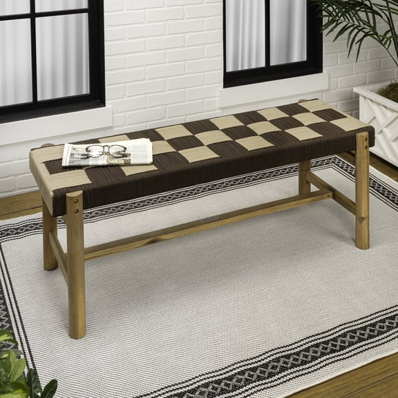 JONATHAN Y Denis 47" Acacia Wood and Woven Rope Bench, Bohemian Indoor/Outdoor Seating for Entryway or Patio, Brown and Beige Checkerboard, 700 lbs Capacity BNH202B