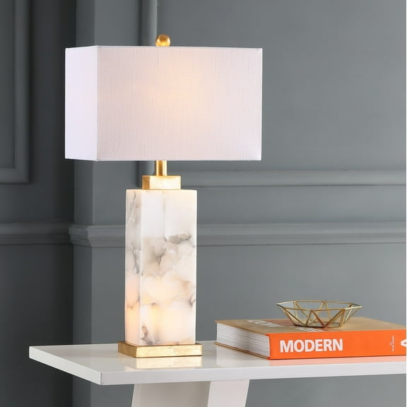 JONATHAN Y Elizabeth 27.5" Contemporary Coastal Alabaster LED Table Lamp, White/Gold Painting, JYL6201A