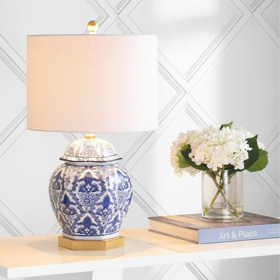 JONATHAN Y Gretchen 25" Classic Traditional Ginger Jar Ceramic/Metal LED Table Lamp, Blue/White, JYL3051A