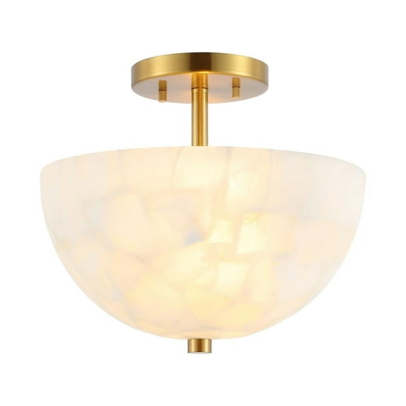JONATHAN Y Jules 5.13" 1-Light Modern Contemporary Alabaster/Iron Cylinder LED Semi Flush Mount, White Marbling/Brass Gold, JYL1206A