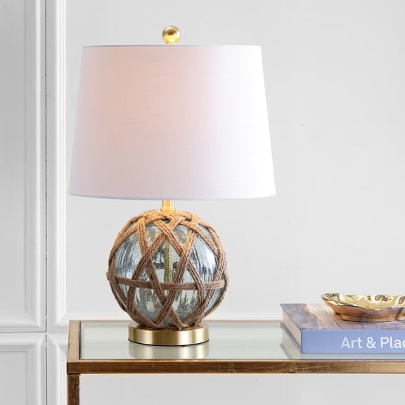 JONATHAN Y Andrews 21.5" LED Glass/Rope Table Lamp, Brown/Aqua, JYL1085A