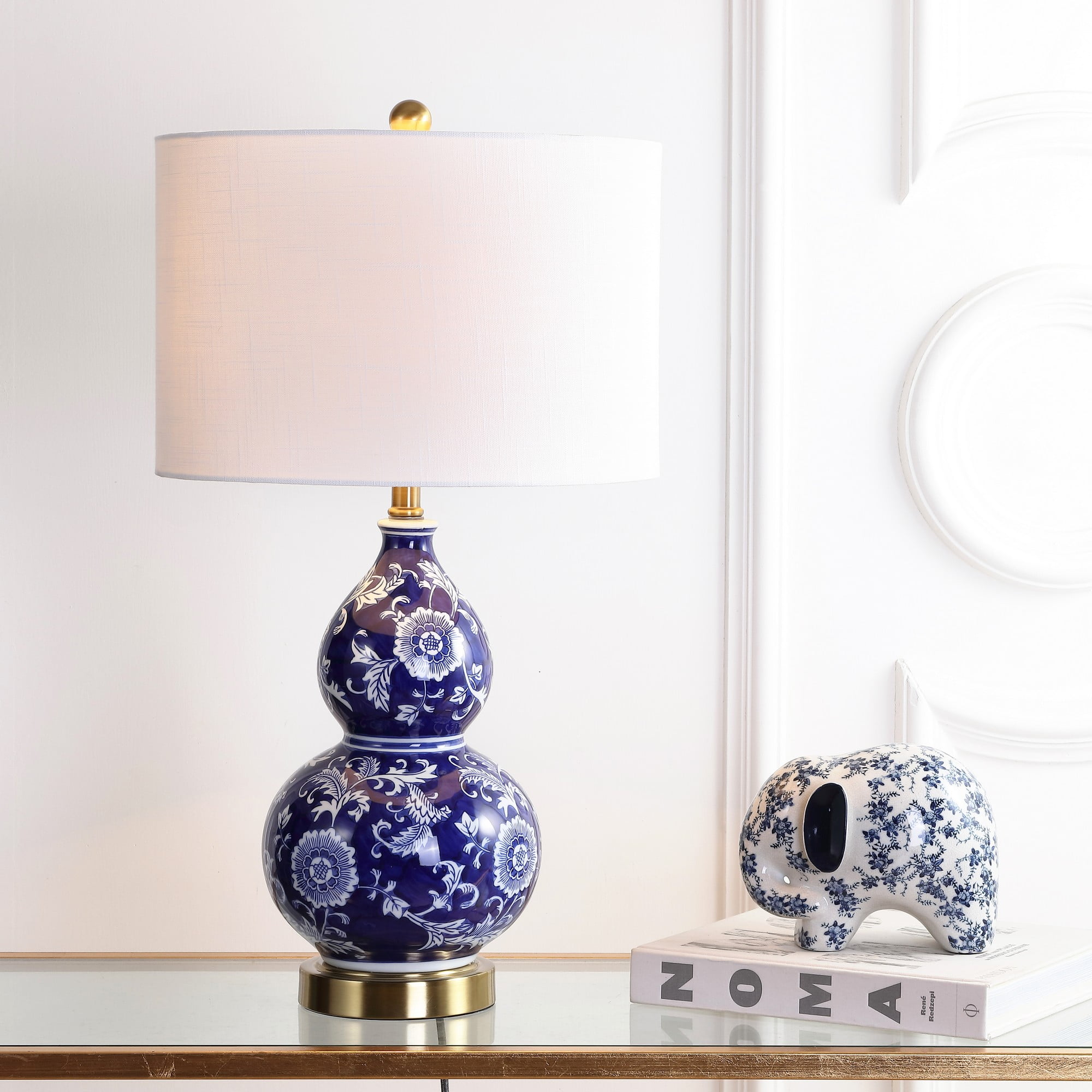 Blue and White Ceramic Double Gourd Table Lamp with Brass Base