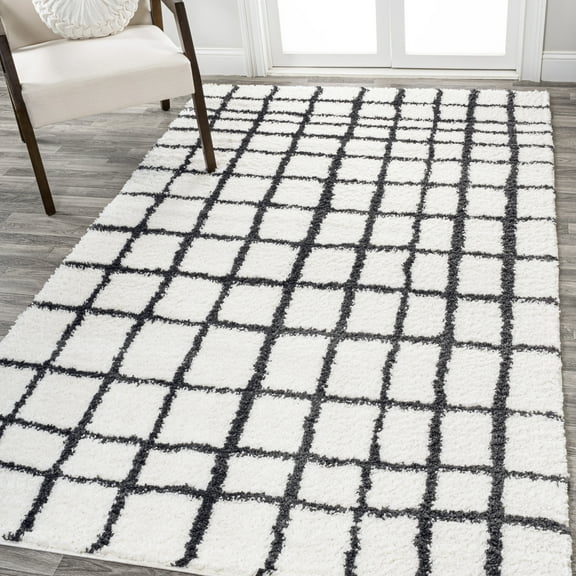JONATHAN Y MOROCCAN HYPE 4 x 6 Area Rug, Arenal Geometric Grid Shag - White/Gray, MOH409A-4