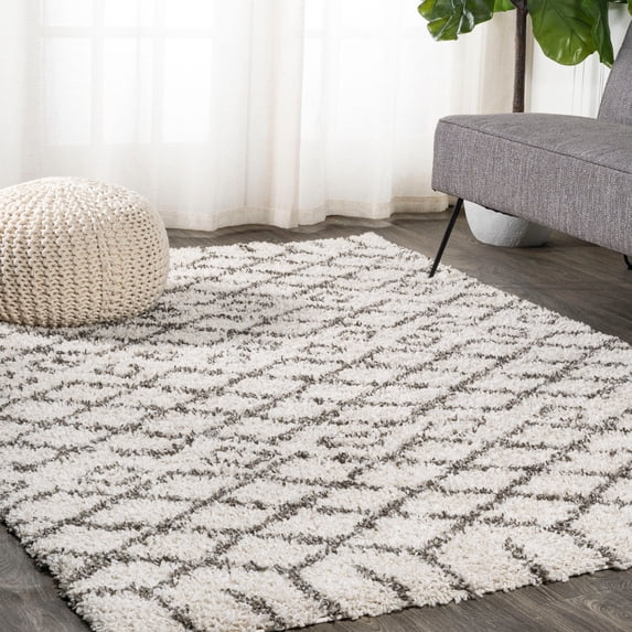 JONATHAN Y LONDON SHAG 4 x 6 Area Rug, Algaida Moroccan Diamond - Beige/Dark Gray, SHG104A-4