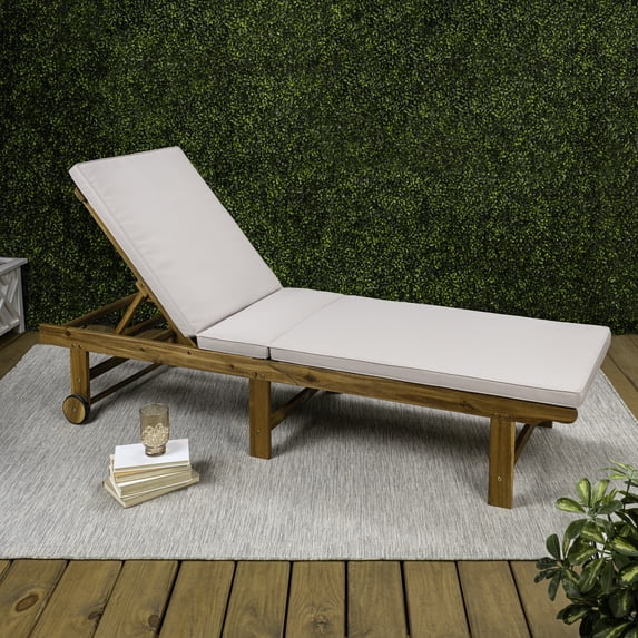 JONATHAN Y Mallorca Acacia Wood Outdoor Chaise Lounge Chair, Contemporary 5-Position Recliner with Wheels and Cushion for Patio, Poolside, 23.62" x 77.17", Teak Brown/Beige LNG1102A
