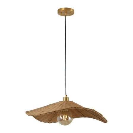 JONATHAN Y Miko 24.5" Modern Coastal Organic Curve Rattan LED Pendant, Natrual Brown/Brass Gold