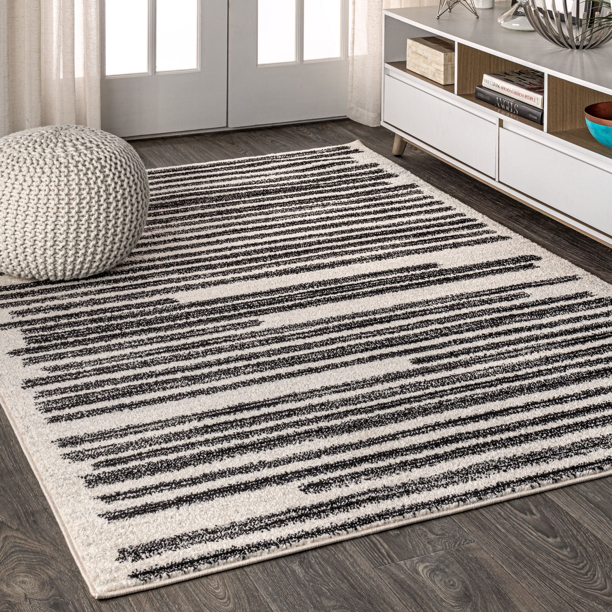 Khalil 8' x 10' Black and Cream Synthetic Stripe Rug