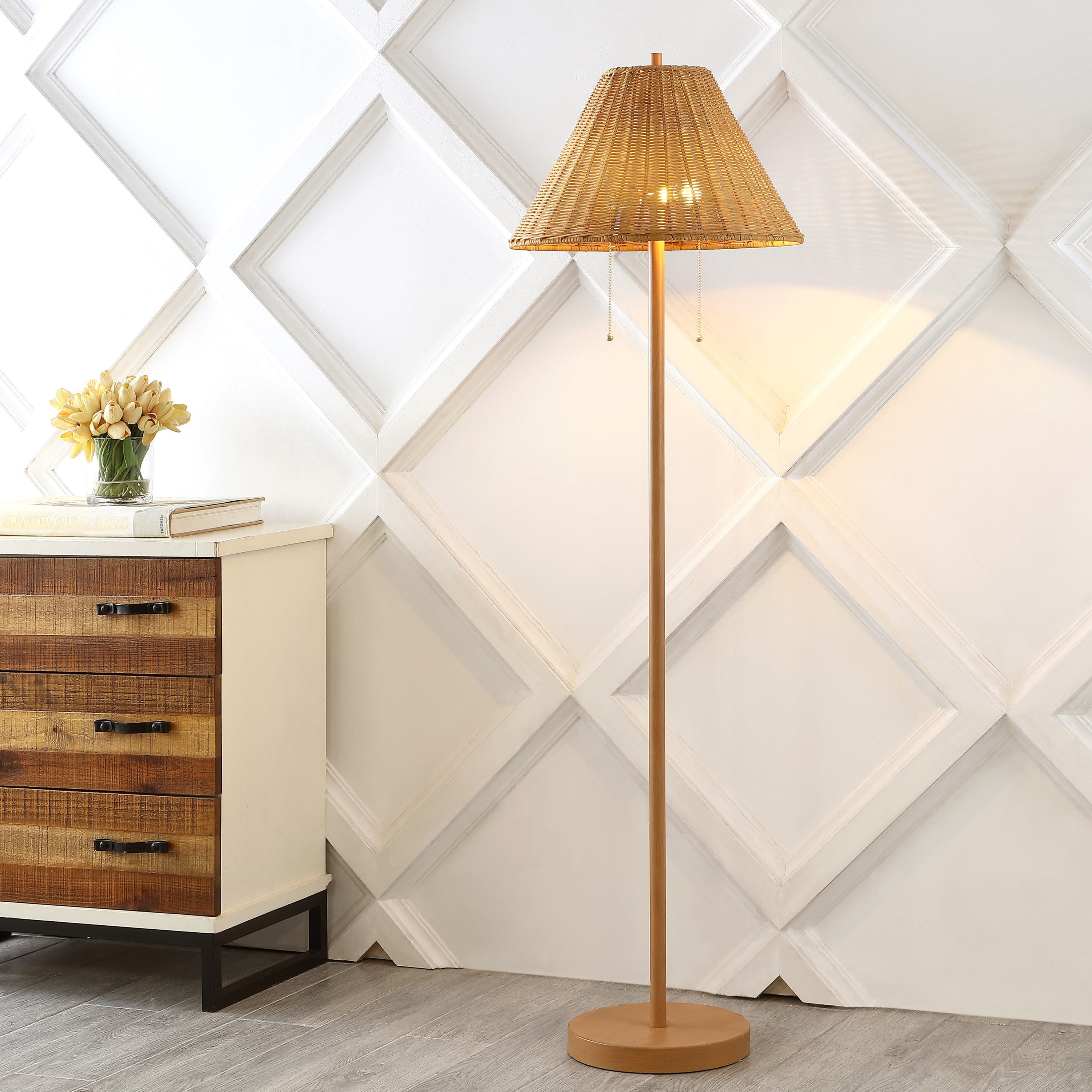 JONATHAN Y Nando 61" 2-Light Coastal Bohemian Iron/Rattan LED Floor Lamp with Pull-Chain, Brown Wood Finish, JYL3092A