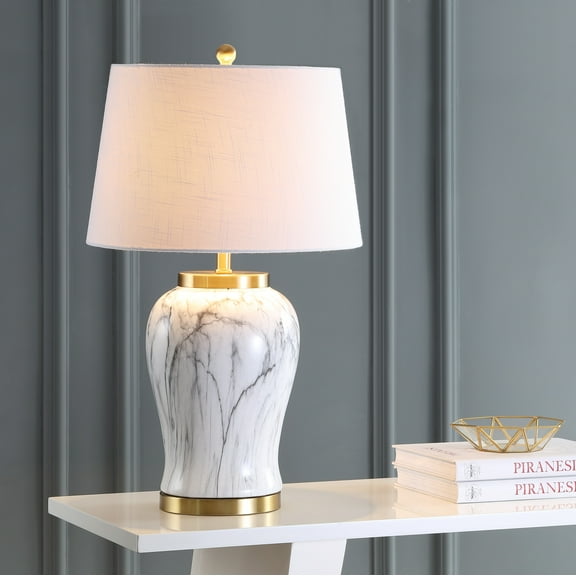 JONATHAN Y Prague 28" Ceramic Marble LED Table Lamp, White/Gold, JYL3053A