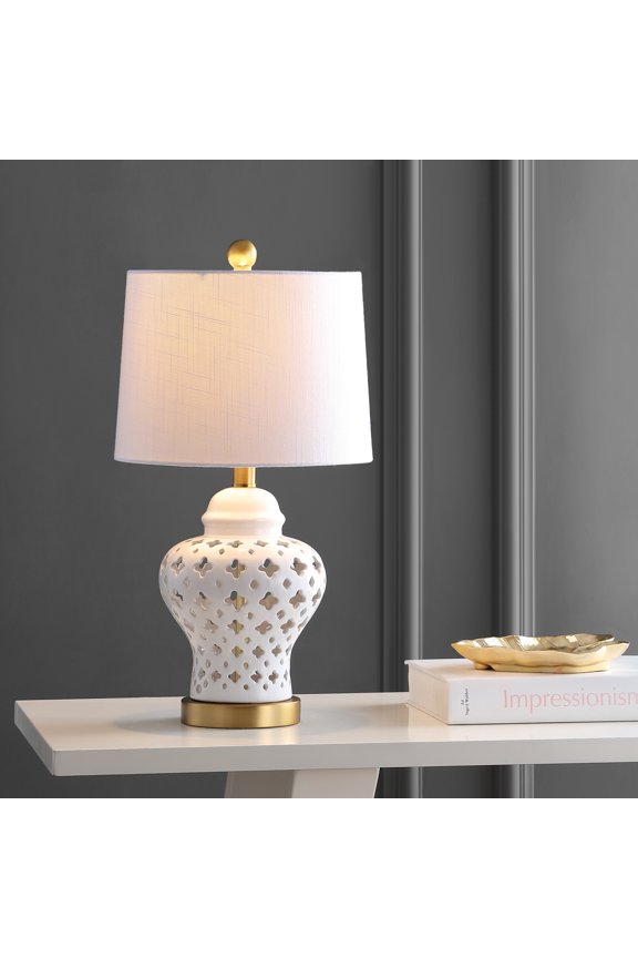 Quatrefoil Fretwork 20.5" Pierced Ginger Jar Ceramic/Metal LED Table Lamp, White, JYL6210A