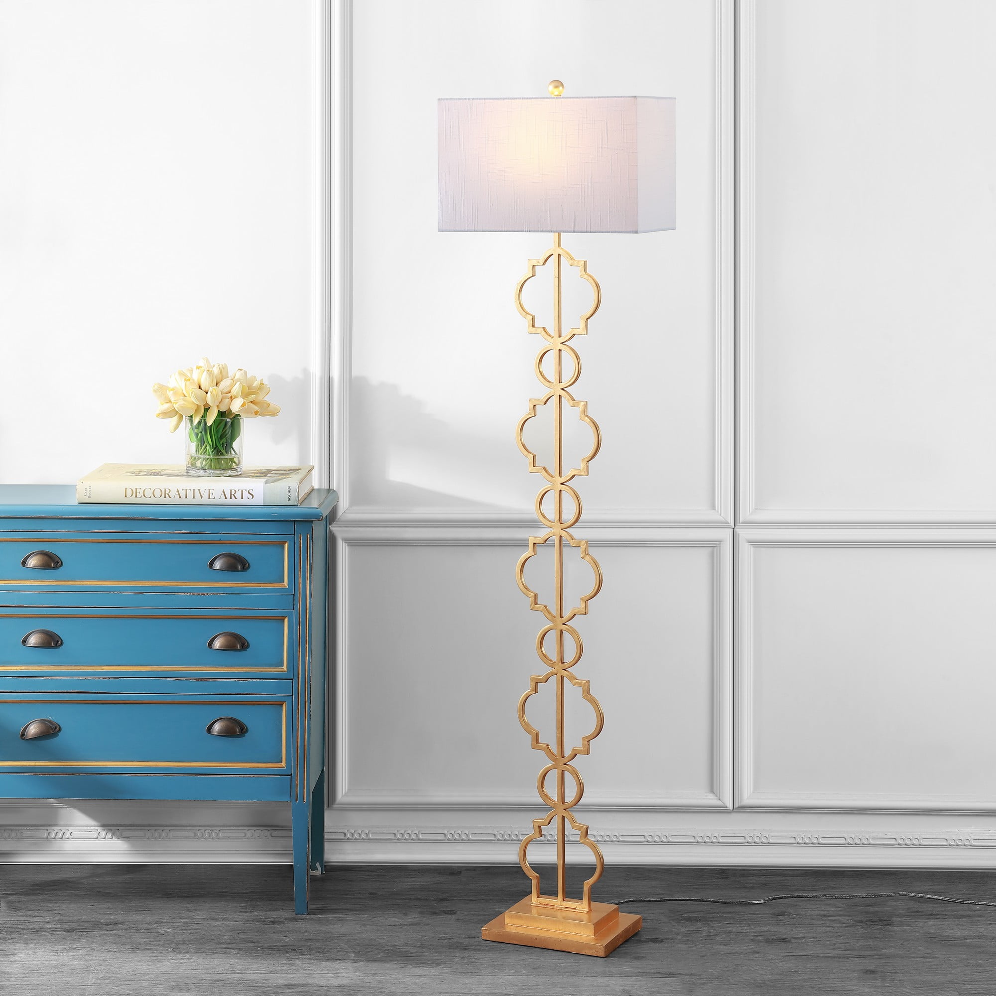 Selina 64.5" Gold Metal LED Floor Lamp with White Linen Shade