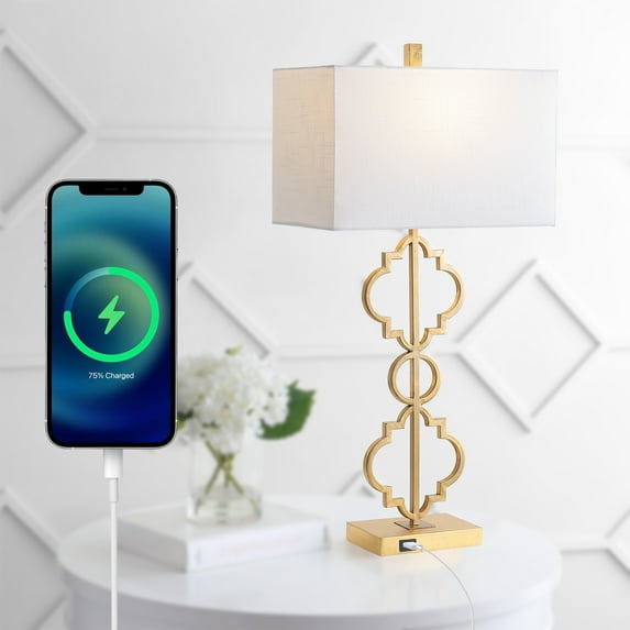 JONATHAN Y Selina 32" Iron Ogee Trellis Modern LED USB Table Lamp, Gold, JYL3071A