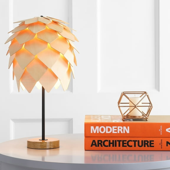 JONATHAN Y Simon 20.5" Pinecone Wood/Metal LED Table Lamp, Natural/Black, JYL6123A