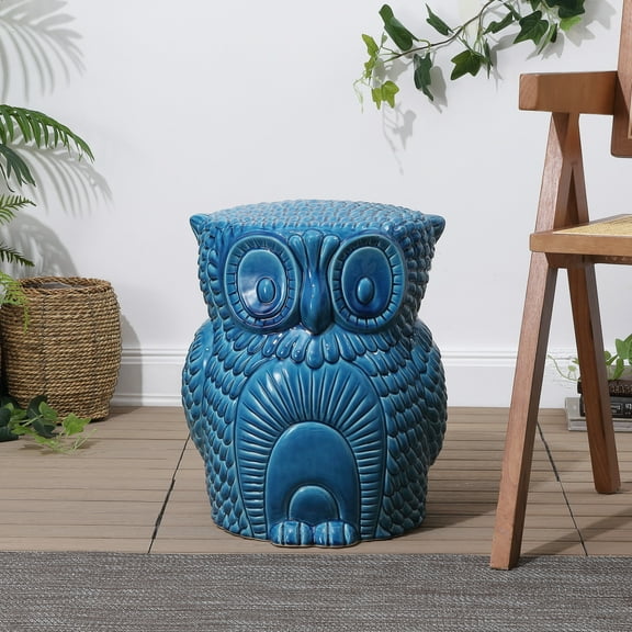 JONATHAN Y Millie 17.5" Classic Vintage Ceramic Indoor/Outdoor Owl Garden Stool, Blue Cracks