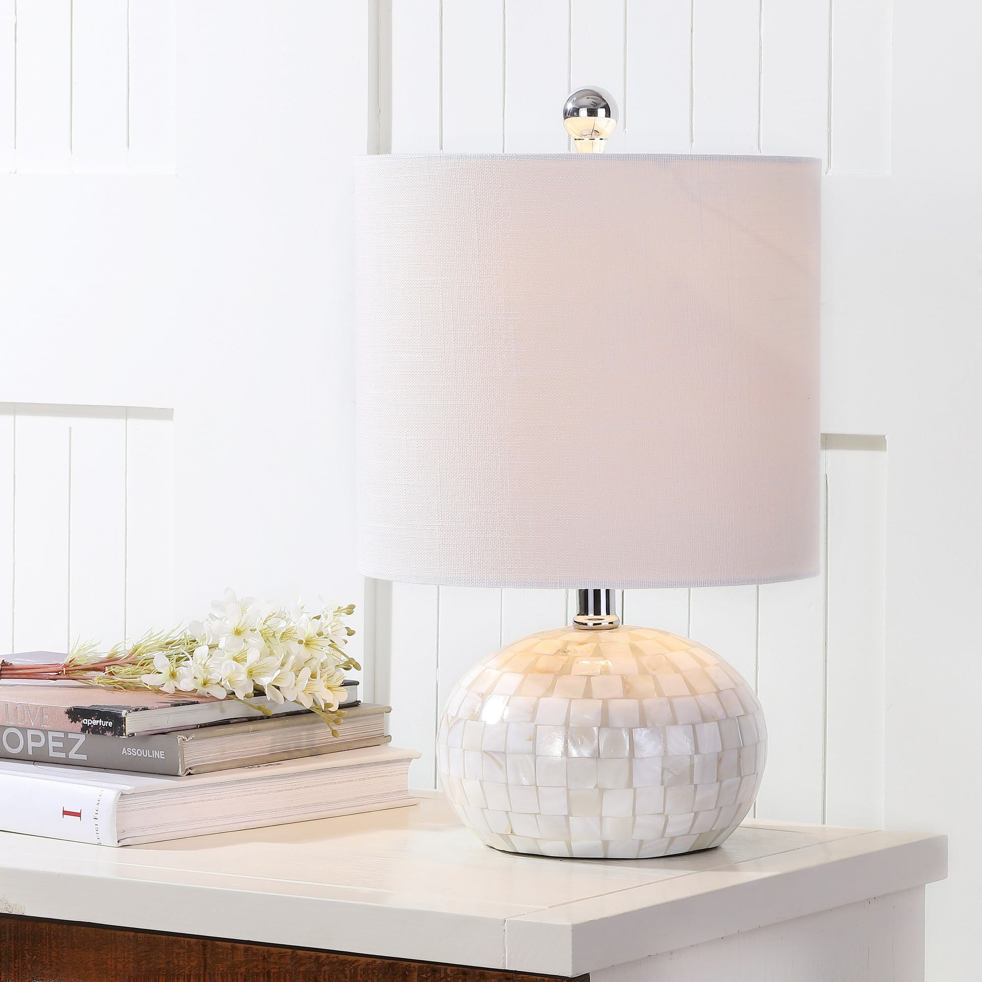 Ivory Capiz Shell Mosaic Table Lamp with White Linen Shade