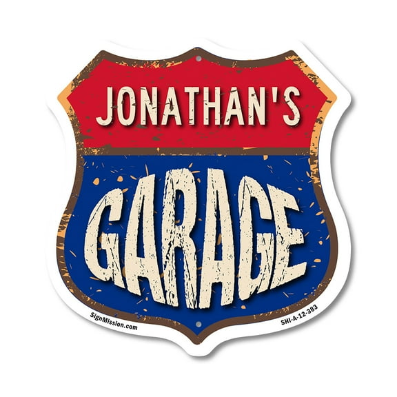 Jonathan's Garage 12 inch X 12 inch Shield-Shaped Rust-Free Aluminum Metal Sign Weather Resistant, UV Protected To last, Gift for Dads and Uncles Classic Americana Crafted in the USA
