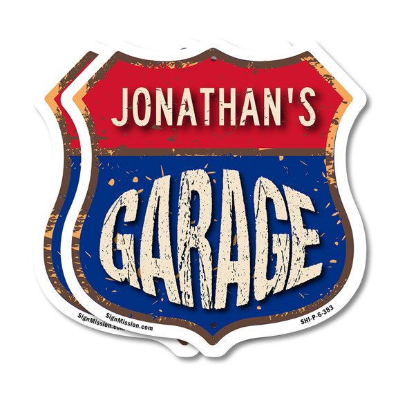 Jonathan's Garage (2 Pack) 6 inch X 6 inch Shield Shaped Commercial Grade Plastic Signs Weather Resistant, UV Protected To last, Gift for Dads and Uncles Classic Americana Crafted in