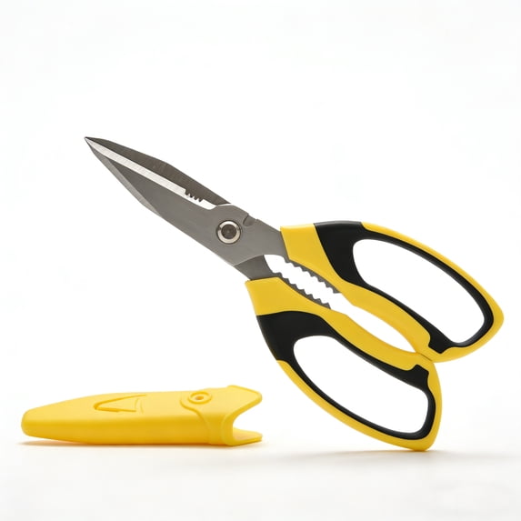 Jonce 8 Inch Heavy Duty Scissors, Ultra Sharp Serrated Stainless Steel Shears with Protective Cover, for Cutting Cardboard, Fabric, Wire, Packaging, Crafting, Office Workshop Use, Yellow