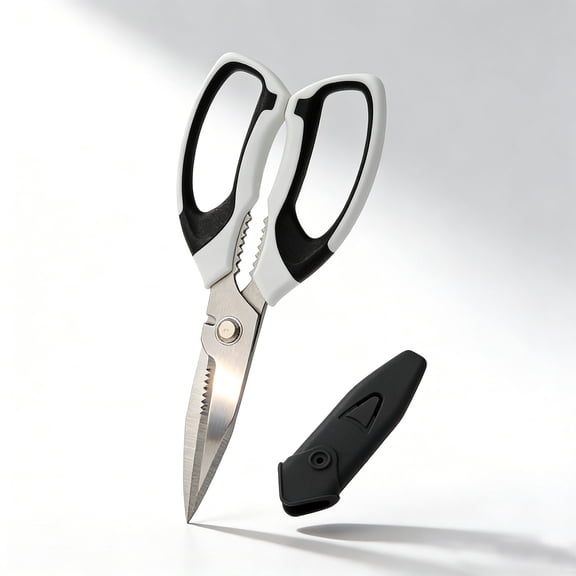 Jonce 8 Inch Heavy Duty Scissors, Ultra Sharp Serrated Stainless Steel Shears with Protective Cover, for Cutting Cardboard, Fabric, Wire, Packaging, Crafting, Office Workshop Use, White