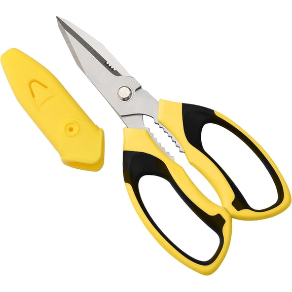 Jonce 8 Inch Heavy Duty Scissors, Ultra Sharp Serrated Stainless Steel Shears with Protective Cover, for Cutting Cardboard, Fabric, Wire, Packaging, Crafting, Office Workshop Use, Yellow