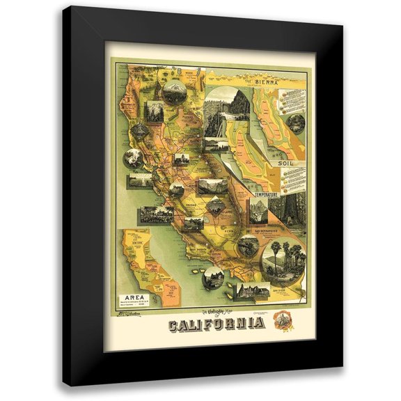 Jones 11x14 Black Modern Framed Museum Art Print Titled - California Illustrated Map - Jones 1898