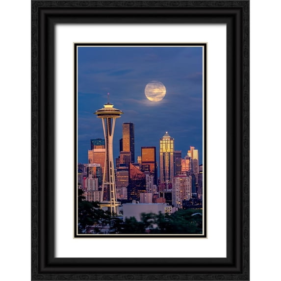 Jones, Adam 11x14 Black Ornate Wood Framed with Double Matting Museum Art Print Titled - Seattle skyline and super moon at dusk-Seattle-Washington State