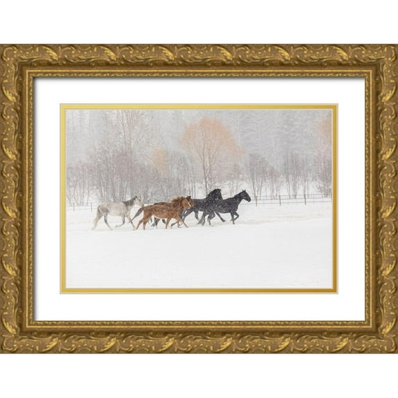 Jones, Adam 14x11 Gold Ornate Wood Framed with Double Matting Museum Art Print Titled - Horses during winter roundup-Kalispell-Montana