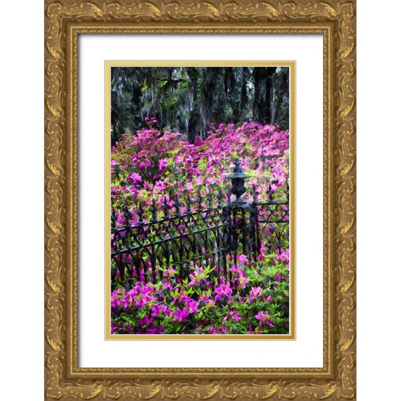 Jones, Adam 17x24 Gold Ornate Wood Framed with Double Matting Museum Art Print Titled - Wrought Iron fence and azaleas in full bloom-Bonaventure Cemetery-Savannah-Georgia