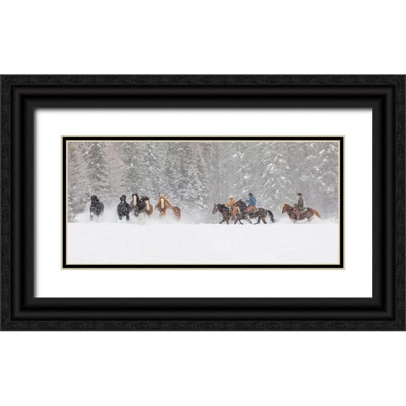 Jones, Adam 18x10 Black Ornate Wood Framed with Double Matting Museum Art Print Titled - Panoramic view of cowboys during winter roundup-Kalispell-Montana
