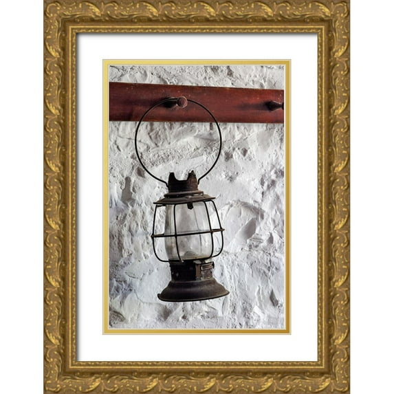 Jones, Adam 23x32 Gold Ornate Wood Framed with Double Matting Museum Art Print Titled - Antique lantern hanging on white wall-Shaker Village of Pleasant Hill-Harrodsburg-Kentucky
