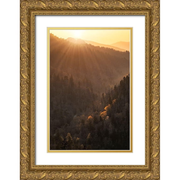 Jones, Adam 23x32 Gold Ornate Wood Framed with Double Matting Museum Art Print Titled - Spring sunset from Morton Overlook-Great Smoky Mountains National Park-Tennessee