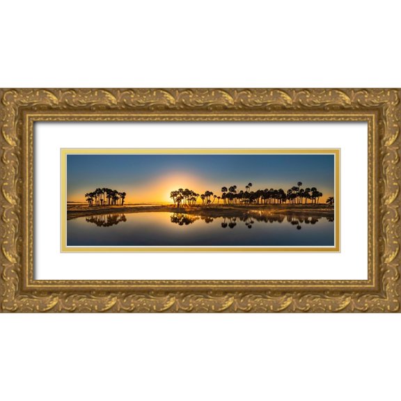 Jones, Adam 24x11 Gold Ornate Wood Framed with Double Matting Museum Art Print Titled - Sable palms silhouetted at sunrise on the Econlockhatchee River