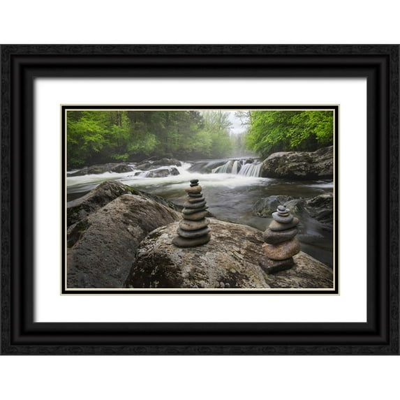 Jones, Adam 24x17 Black Ornate Wood Framed with Double Matting Museum Art Print Titled - Cascading mountain stream and rock cairns-Great Smoky Mountains National Park