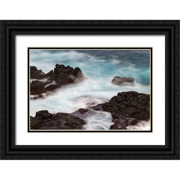 Jones, Adam 24x17 Black Ornate Wood Framed with Double Matting Museum Art Print Titled - Waves crashing over lava rocks on shoreline of Espanola Island-Galapagos Islands-Ecuador