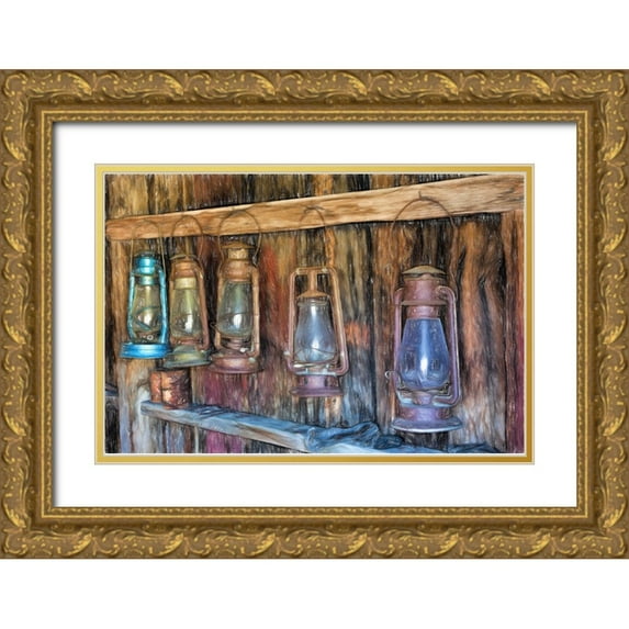 Jones, Adam 24x17 Gold Ornate Wood Framed with Double Matting Museum Art Print Titled - Painting effect on antique lanterns-Bodie State Historic Park viewed through window-California