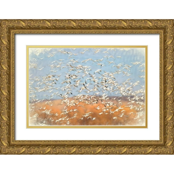 Jones, Adam 24x17 Gold Ornate Wood Framed with Double Matting Museum Art Print Titled - Painting effect on snow geese flying Bosque del Apache National Wildlife Refuge-New Mexico