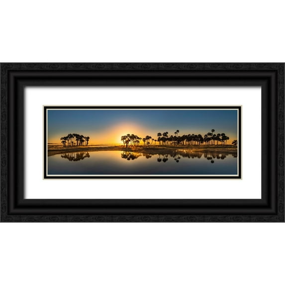 Jones, Adam 32x14 Black Ornate Wood Framed with Double Matting Museum Art Print Titled - Sable palms silhouetted at sunrise on the Econlockhatchee River