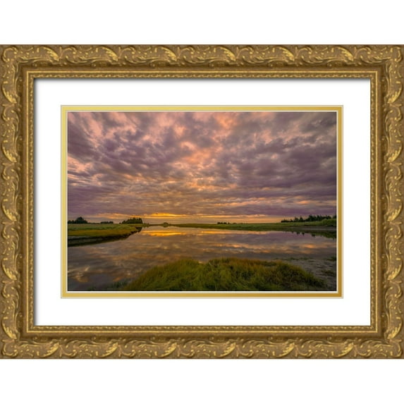 Jones, Adam 32x23 Gold Ornate Wood Framed with Double Matting Museum Art Print Titled - Sunrise on slough of Silver Salmon Creek-Lake Clark National Park and Preserve-Alaska